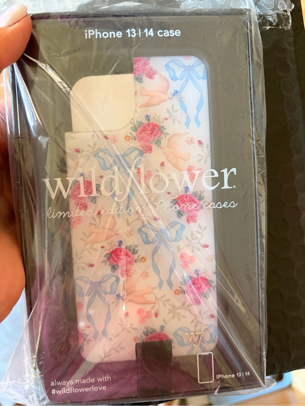 Wildflower iPhone 13/14 Case White with Pink Roses and Blue Bows